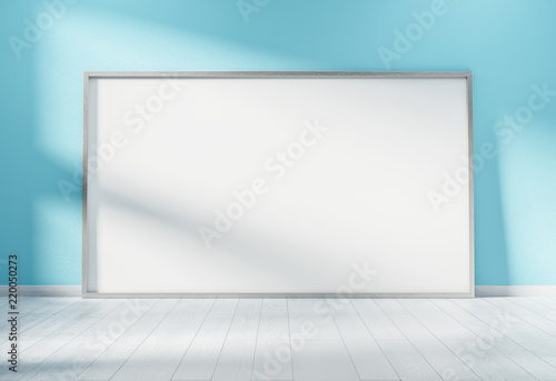 Fototapeta Naklejka Na Ścianę i Meble -  Large horizontal frame leaning on a blue wall 3D rendering