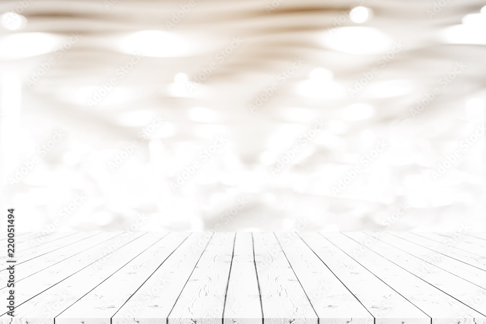 Perspective empty white wooden table on top over blur background, can be used mock up for montage products display or design layout. Perspective empty white wooden table on top over blur background, can be used mock up for montage products display or design layout.