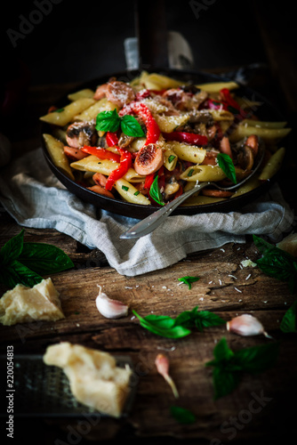 Smoked Sausage Penne Pasta in the skillet