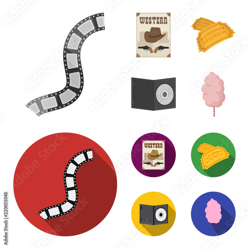 Western cinema, tickets, sweet cotton wool, film on DVD.Filmy and cinema set collection icons in cartoon,flat style vector symbol stock illustration web.