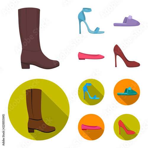 Blue high-heeled sandals, homemade lilac slippers with a pampon, pink women ballet flats, brown high-heeled shoes. Shoes set collection icons in cartoon,flat style vector symbol stock illustration web