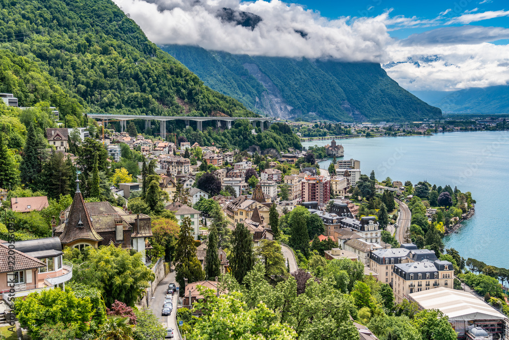Switzerland, Montreux lake Leman cityscapes