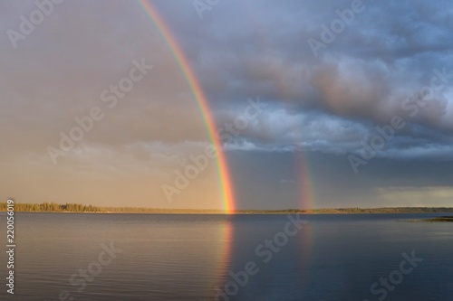 Fototapeta Naklejka Na Ścianę i Meble -  Double rainbow over Ethel Lake in Alberta, Canada