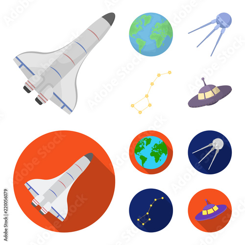 Planet Earth with continents and oceans, flying satellite, Ursa Major, UFO. Space set collection icons in cartoon,flat style vector symbol stock illustration web.