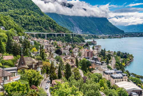 Switzerland, Montreux lake Leman cityscapes Fototapet