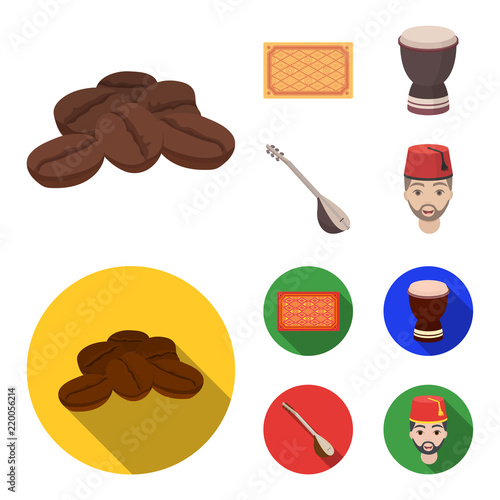 Turkish carpet, saz, drum, turkish men.Turkey set collection icons in cartoon,flat style vector symbol stock illustration web.