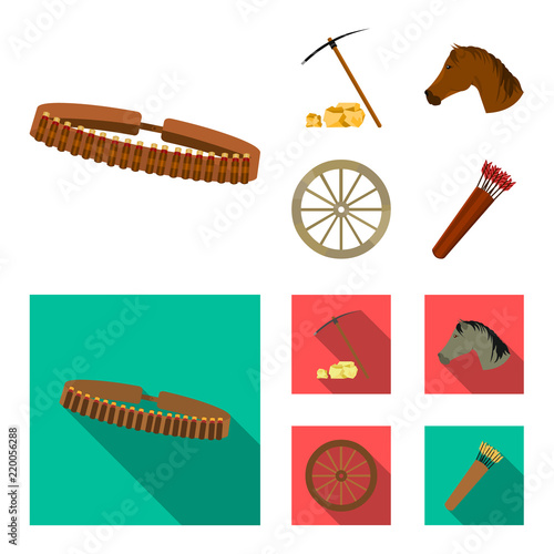 Pickax hoe, horse head, wheel cart, quiver with arrows.Wild west set collection icons in cartoon,flat style vector symbol stock illustration web.