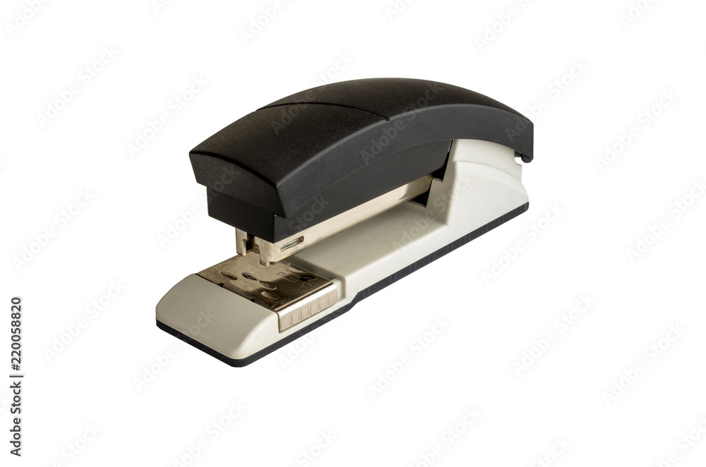 Stapler close-up on an isolated background, with a black plastic coating. Stapler close-up on an isolated background, with a black plastic coating.