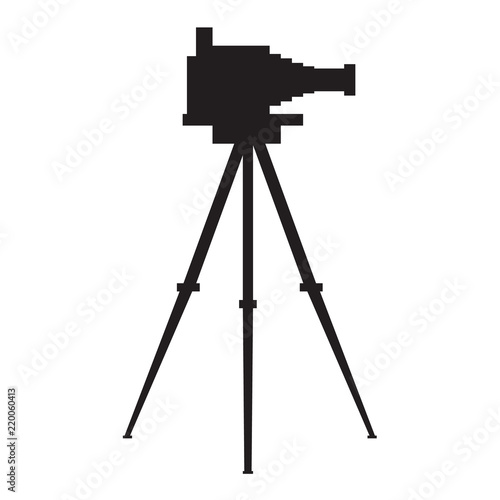 Old antique photo camera with tripod silhouette. Flat color vector illustration.