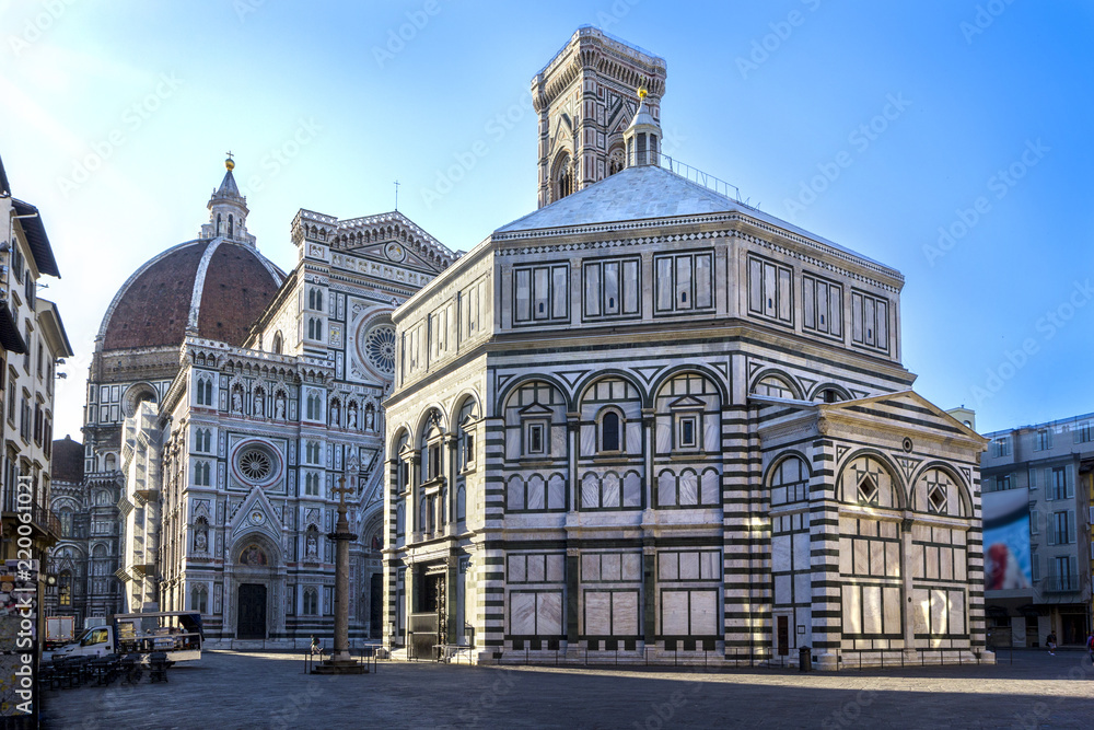 Cathedral of Santa Maria del Fiore and Baptistery of St. John Battistero di San Giovanni early morning at sunrise, Florence, Tuscany, Italy