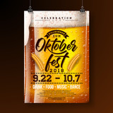 Oktoberfest party poster illustration with fresh lager beer and wheatear on dark background. Vector celebration flyer template with typography lettering for traditional German beer festival.