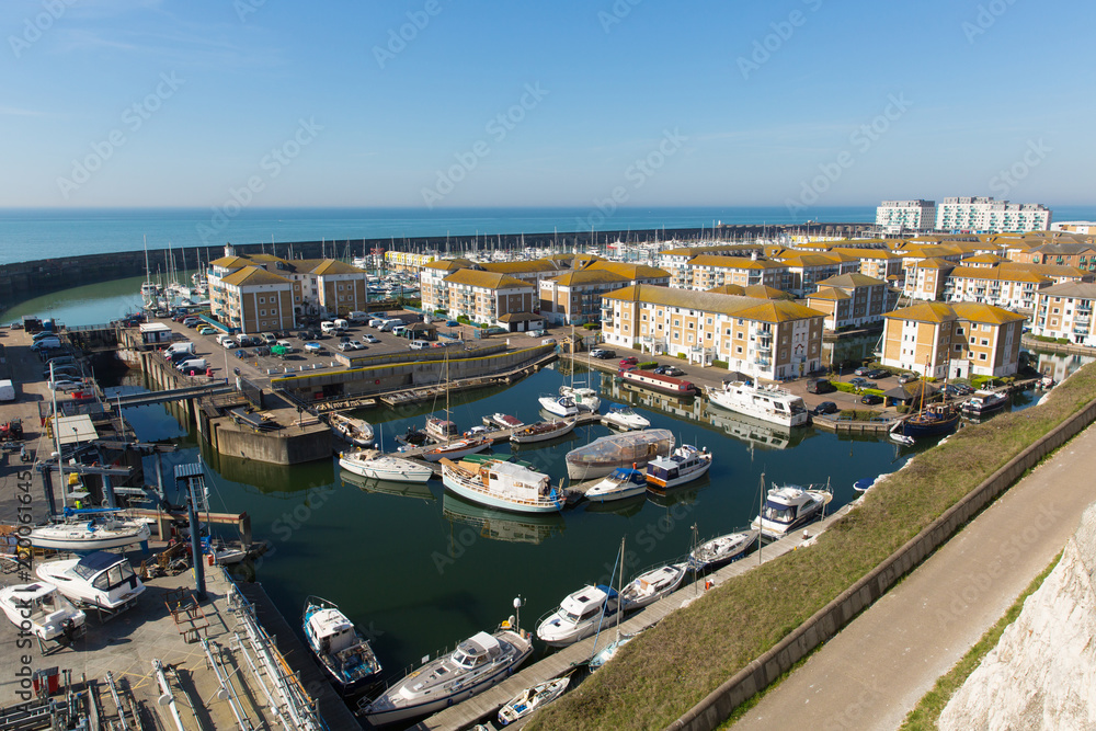 Brighton marina boats and buildings in East Sussex England UK near Eastbourne 