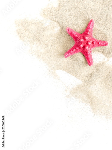 Travel and vacation. Vacation season. Summer holiday background. Sea card with sand, shells and starfish on white background. Flat lay, top view, copy space 