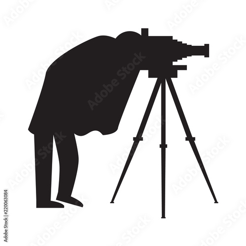 Vintage Photographer silhouette with antique camera and tripod. Vector illustration.