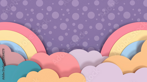 Rainbows and clouds paper crafts on purple dots pattern background.