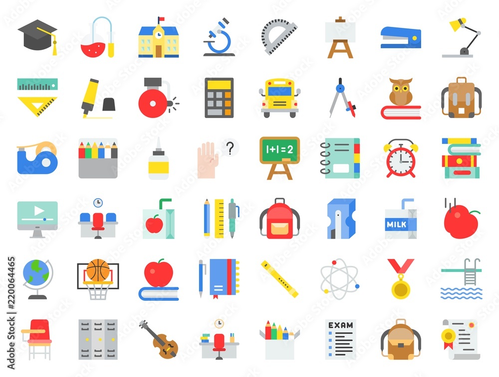 school and education related icon set in flat design such as school bus, sharpener, chalkboard, owl, stack of books, staple, swimming pool, flute school and education related icon set in flat design such as school bus, sharpener, chalkboard, owl, stack of books, staple, swimming pool, flute