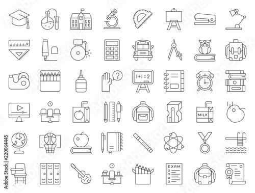 school and education related icon set such as school bus, sharpener, chalkboard, owl, stack of books, staple, swimming pool, editable stroke