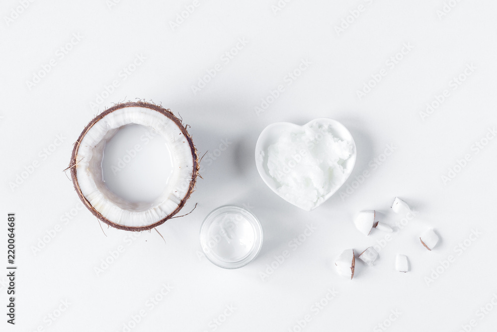 organic cosmetics with coconut on white background top view mock organic cosmetics with coconut on white background top view mock