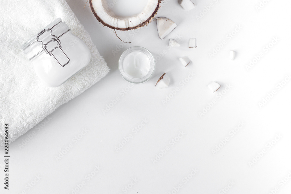 organic cosmetics with coconut on white background top view mock organic cosmetics with coconut on white background top view mock