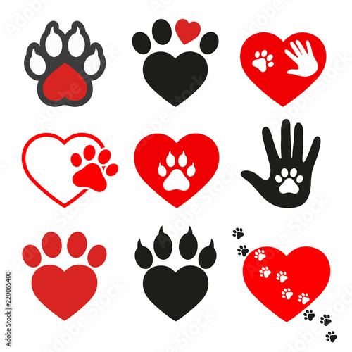 set of signs, design elements, logo design template and badges for veterinary medicine. Includes animal paw print and heart shape.