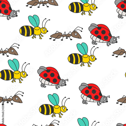 Colorful ladybug, bee, ant pattern. 