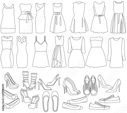 set of sketch dresses and shoes