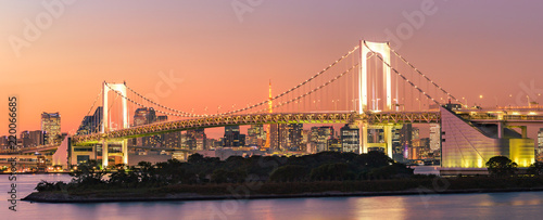 Photography Panorama view of Tokyo Skyline at rainbow bridge Sunset twilight in Japan