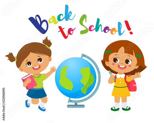 Vector Illustration Of Happy School Kids Go To School Welcome Back To School Theme Cute School Girl With Globe And Schoolbag On A White Background Stock Vector Adobe Stock Vector Illustration Of Happy School Kids Go To School Welcome Back To School Theme Cute School Girl With Globe And Schoolbag On A White Background Stock Vector Adobe Stock