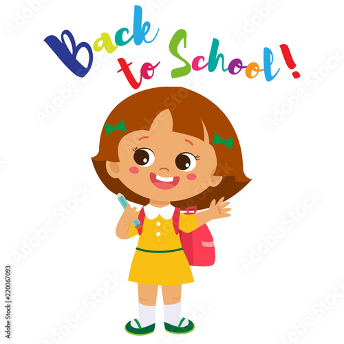 Vector Illustration Of Happy School Girl Go To School. Welcome Back To School. Cute School Girl With Schoolbag Isolated On A White Background.