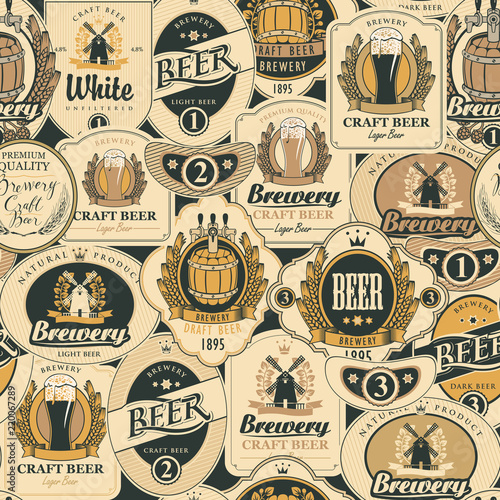 Vector seamless pattern on the theme of beer with various beer labels with images of barrels, beer glasses, mills, laurel wreathes, ears of wheat and other in retro style