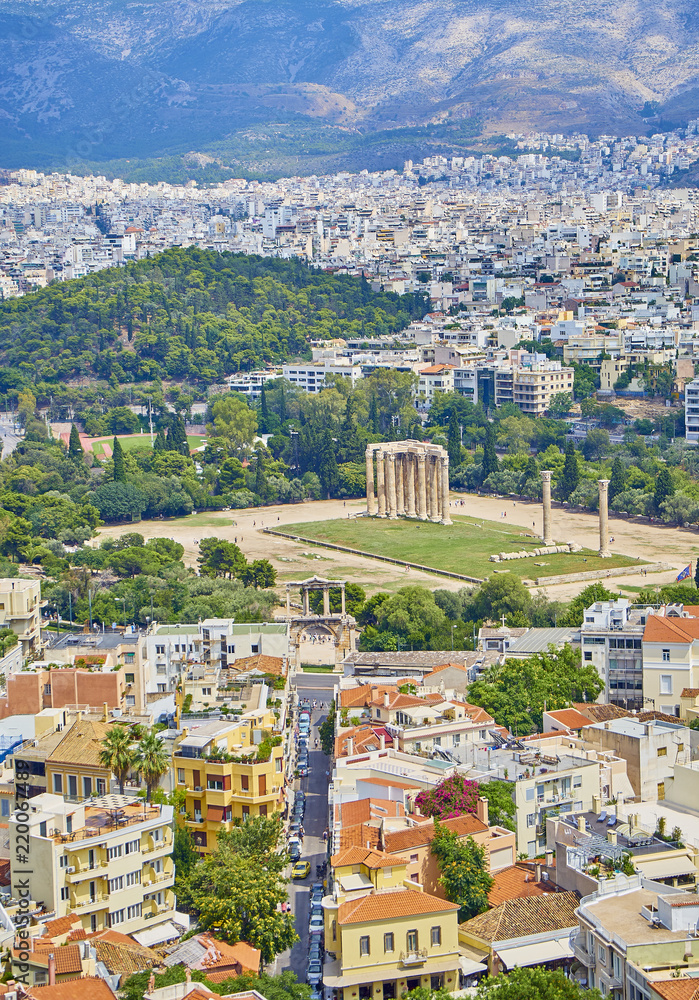 Temple of Olympian Zeus, monumental sanctuary dedicated to Zeus, with Lisikratous avenue and Hadrian's arch in foreground. View from the Acropolis of Athens viewpoint. Attica region, Greece.