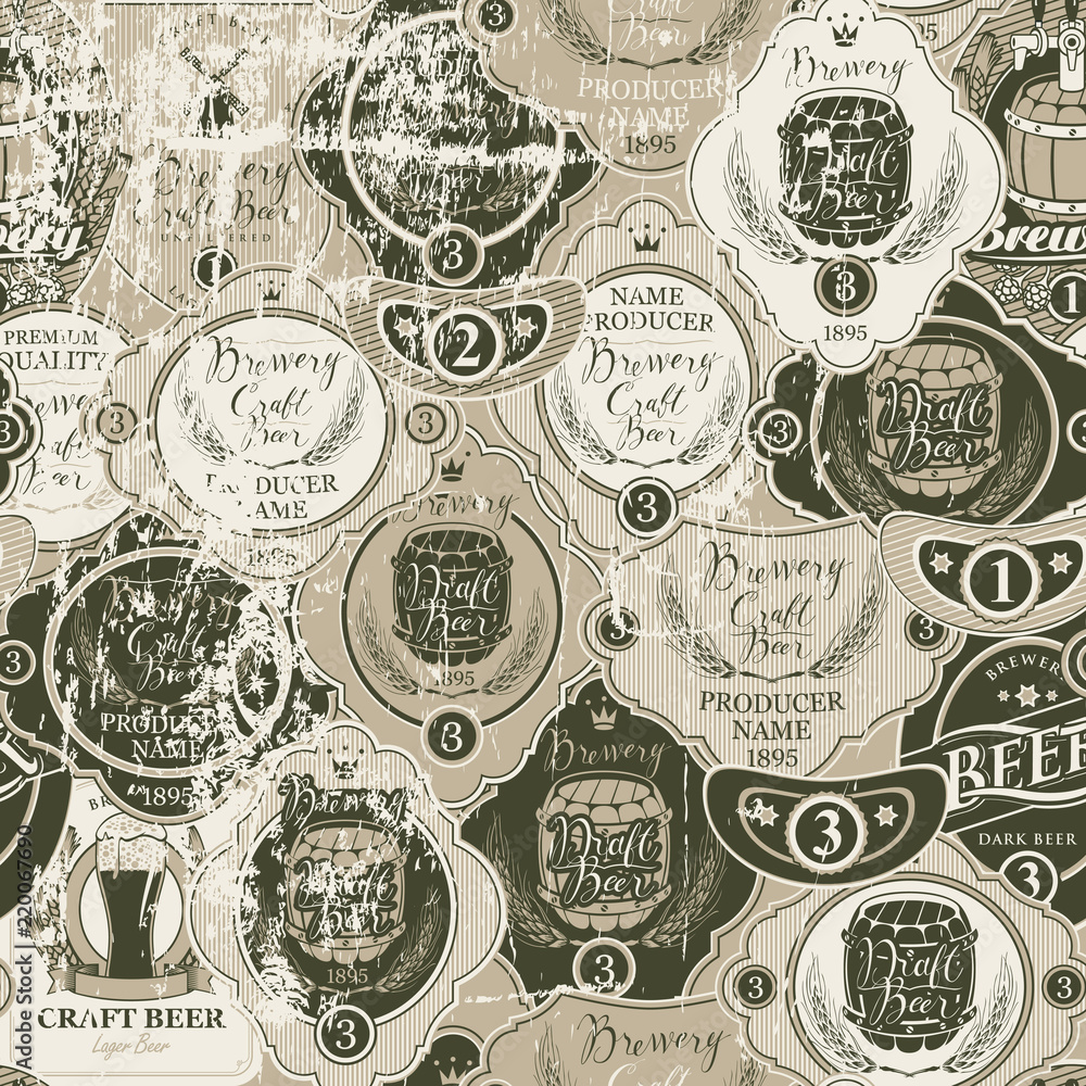 Vector seamless pattern on the theme of beer with various beer labels with images of wooden barrels, ears of barley, beer glasses, mills and other in retro style