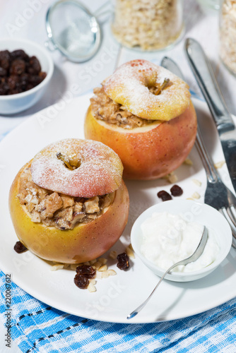 healthy breakfast. oatmeal baked in apple, vertical top view