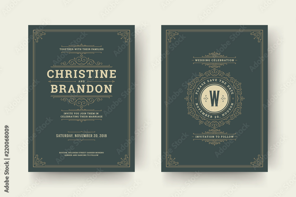 Wedding save the date invitation cards flourishes ornaments.