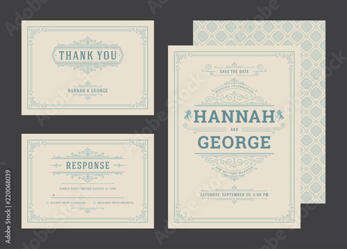 Set wedding invitations flourishes ornaments cards.