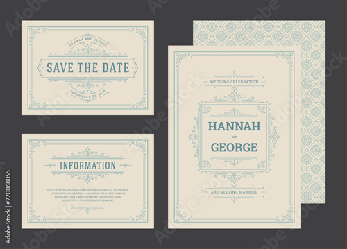 Set wedding invitations flourishes ornaments cards.