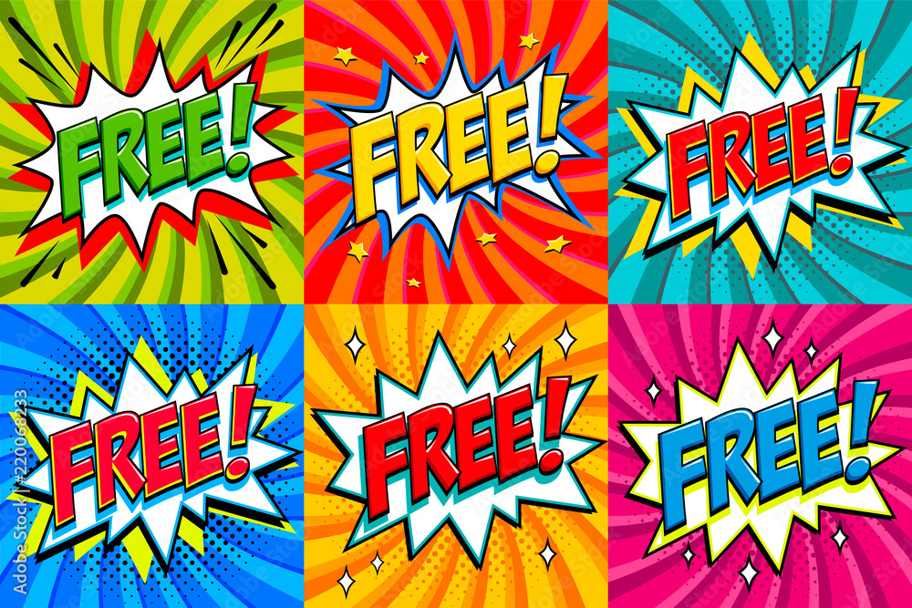 Fototapeta premium Free - Comic book style stickers. Free banners in pop art comic style. Color summer banners in pop art style Ideal for web. Decorative backgrounds with bomb explosive.