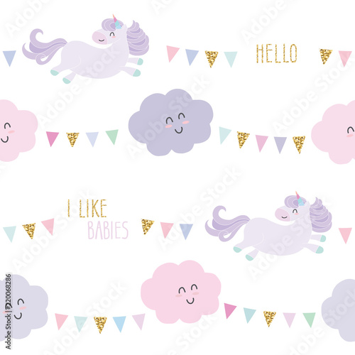 Unicorn bithday seamless pattern background with bunting flags and clouds.