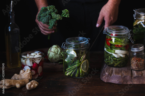Canning food in pickled jars vegetables preserve