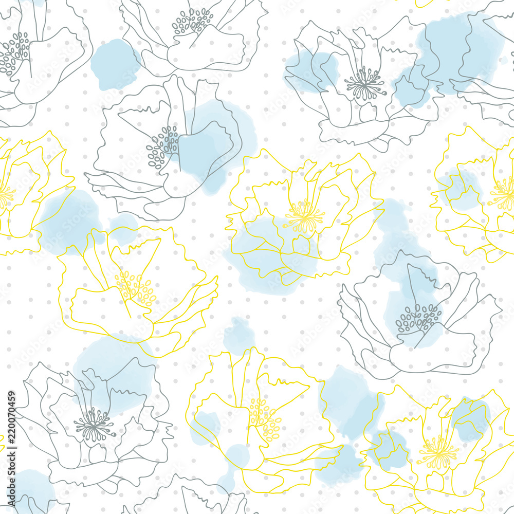 Poppy flowers on abstract watercolor splashes background. Floral vector seamless pattern with hand drawn  flowers.