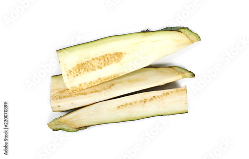 Eggplant slices isolated on white background, top view