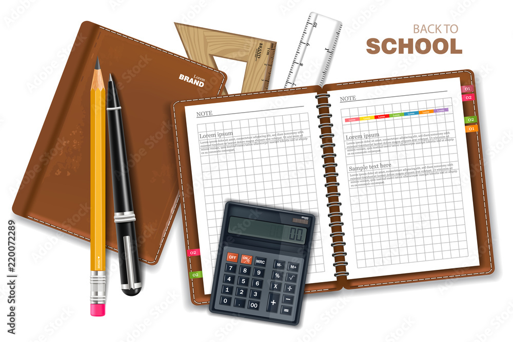 School supplies Vector realistic. Calculator, note book, rulers and pen tools. Detailed 3d illustrations School supplies Vector realistic. Calculator, note book, rulers and pen tools. Detailed 3d illustrations