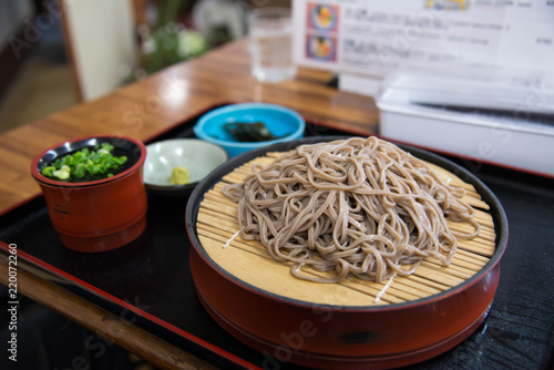 Zaru soba ramen is Japanese food. Cold soba with soup like to eat in summer.