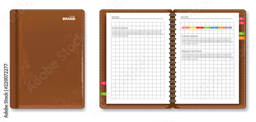 Leather note book Vector realistic. 3d detailed illustrations