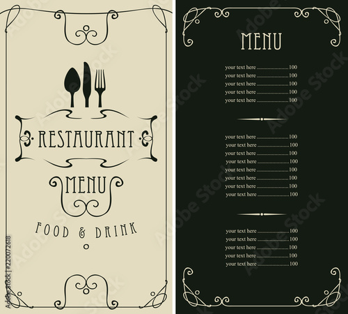 Template vector menu for restaurant with price list, flatware in frame with curls in baroque style