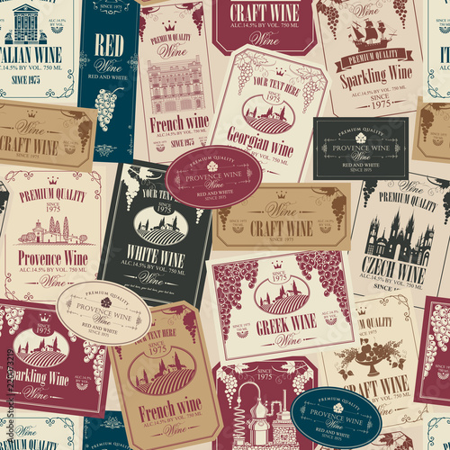 Vector seamless pattern on the theme of wine with various wine labels with images of grapes, landscapes, winery, castles, sailboats, fruits and other in retro style