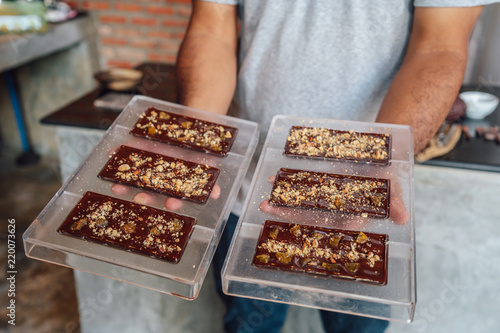 Ingredients to make chocolate: cocoa beans, milk, nuts, sugar, cocoa powder