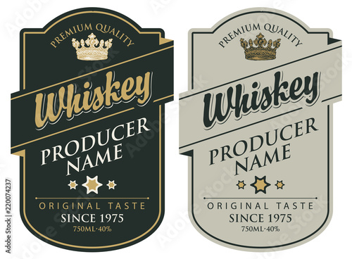 Set of two vector labels for whiskey premium quality in the figured frame with crown and calligraphic inscription in retro style