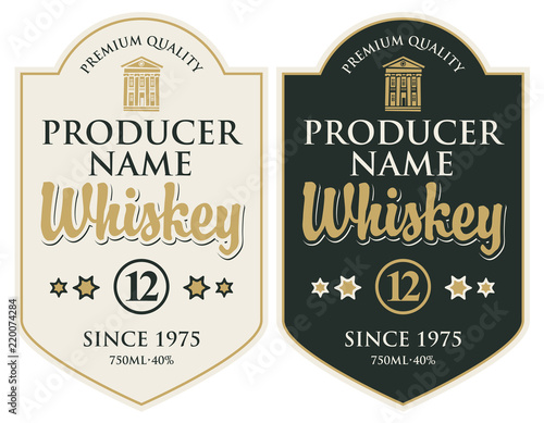 Set of two vector labels for whiskey premium quality in the figured frame with old building and calligraphic inscription in retro style