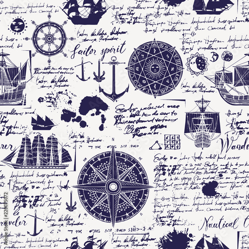 Vector abstract seamless background on the theme of travel, adventure and discovery. Old manuscript with caravels, wind rose, anchors and other nautical symbols with blots and stains in vintage style